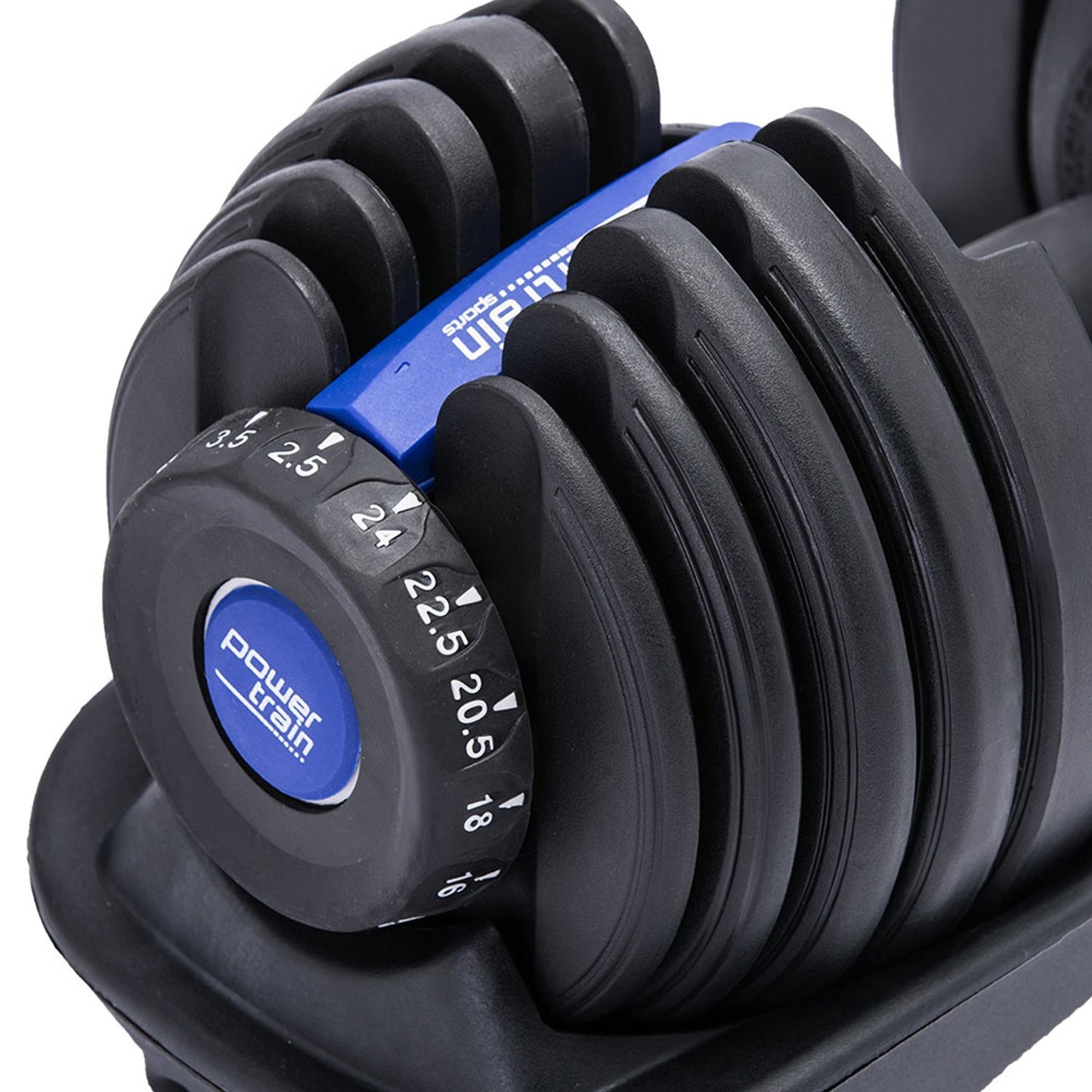 Powertrain 24KG Adjustable Home Gym Dumbbell - Blue with visible weight settings and blue branding.