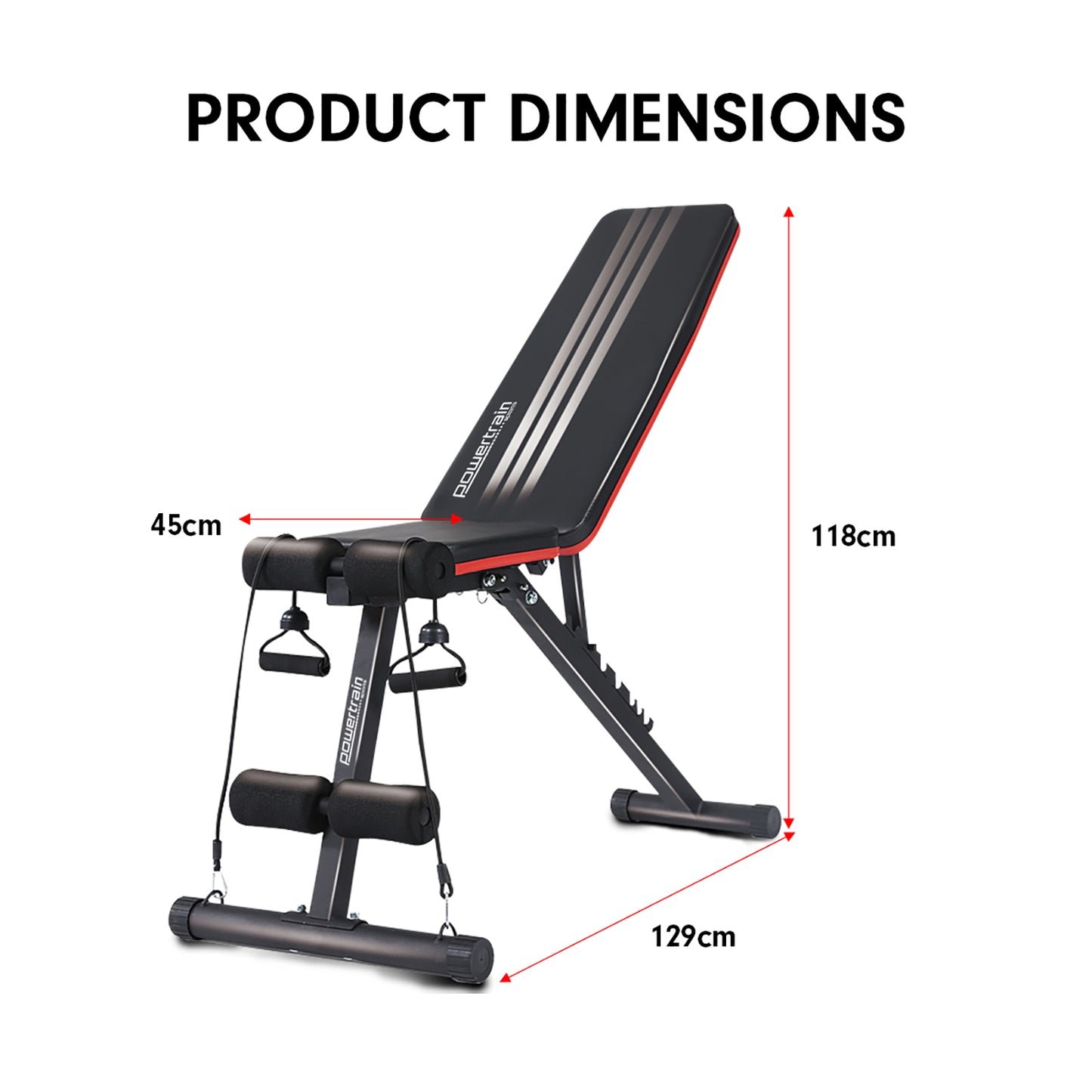 Powertrain Adjustable Exercise Bench with dimensions and resistance bands, ideal for versatile home workouts and strength training.