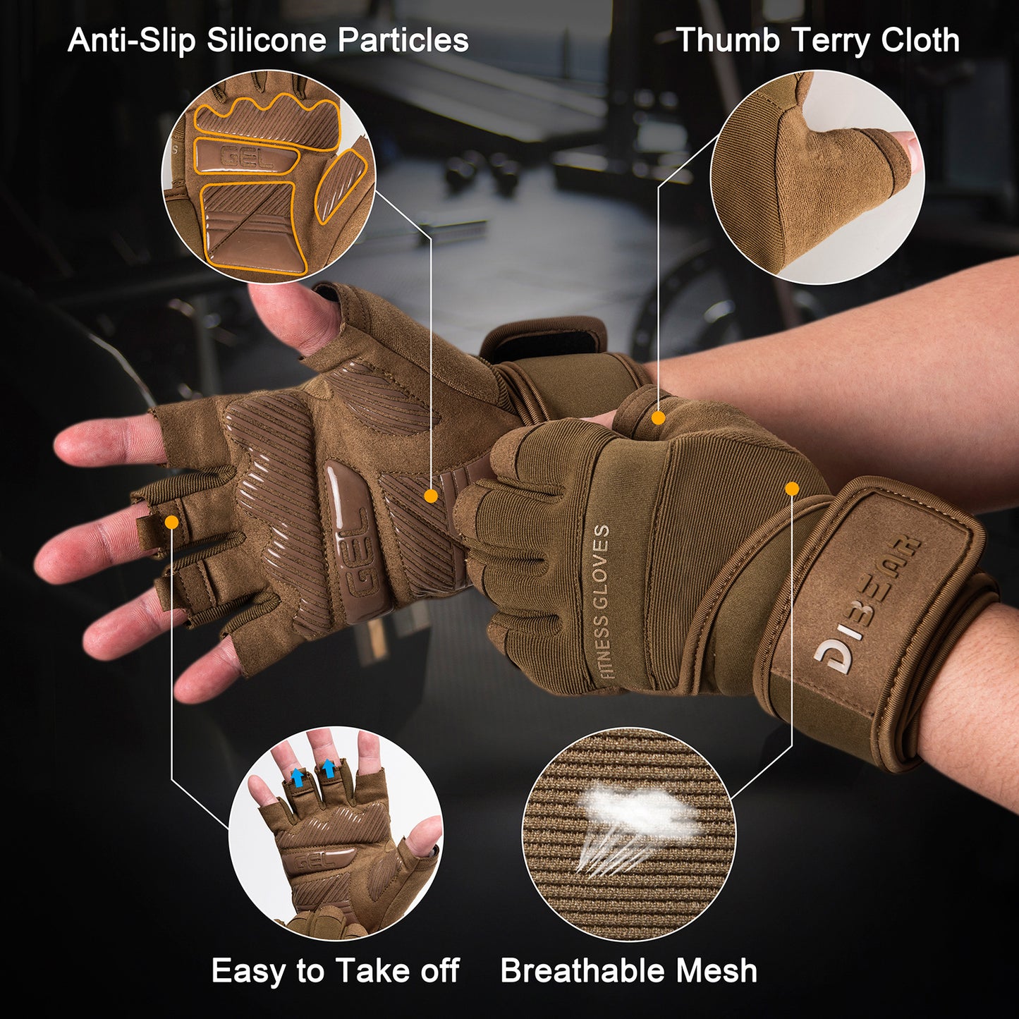 Green workout gloves with wrist support for weightlifting