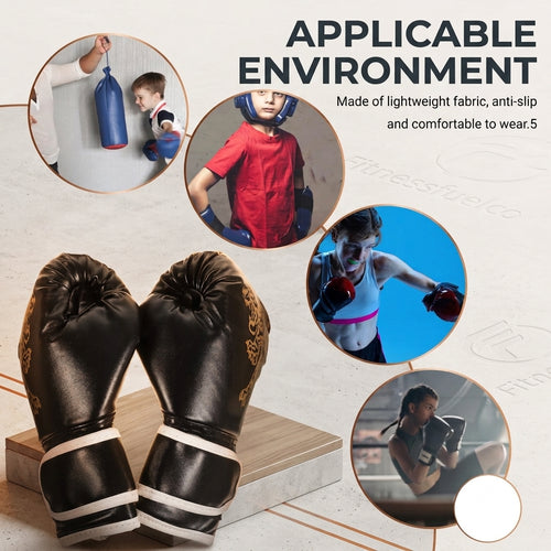 Black boxing gloves with gold embroidery and white wrist straps displayed on a wooden block, with circular lifestyle photos of people training in the background and text reading 'APPLICABLE ENVIRONMENT'.