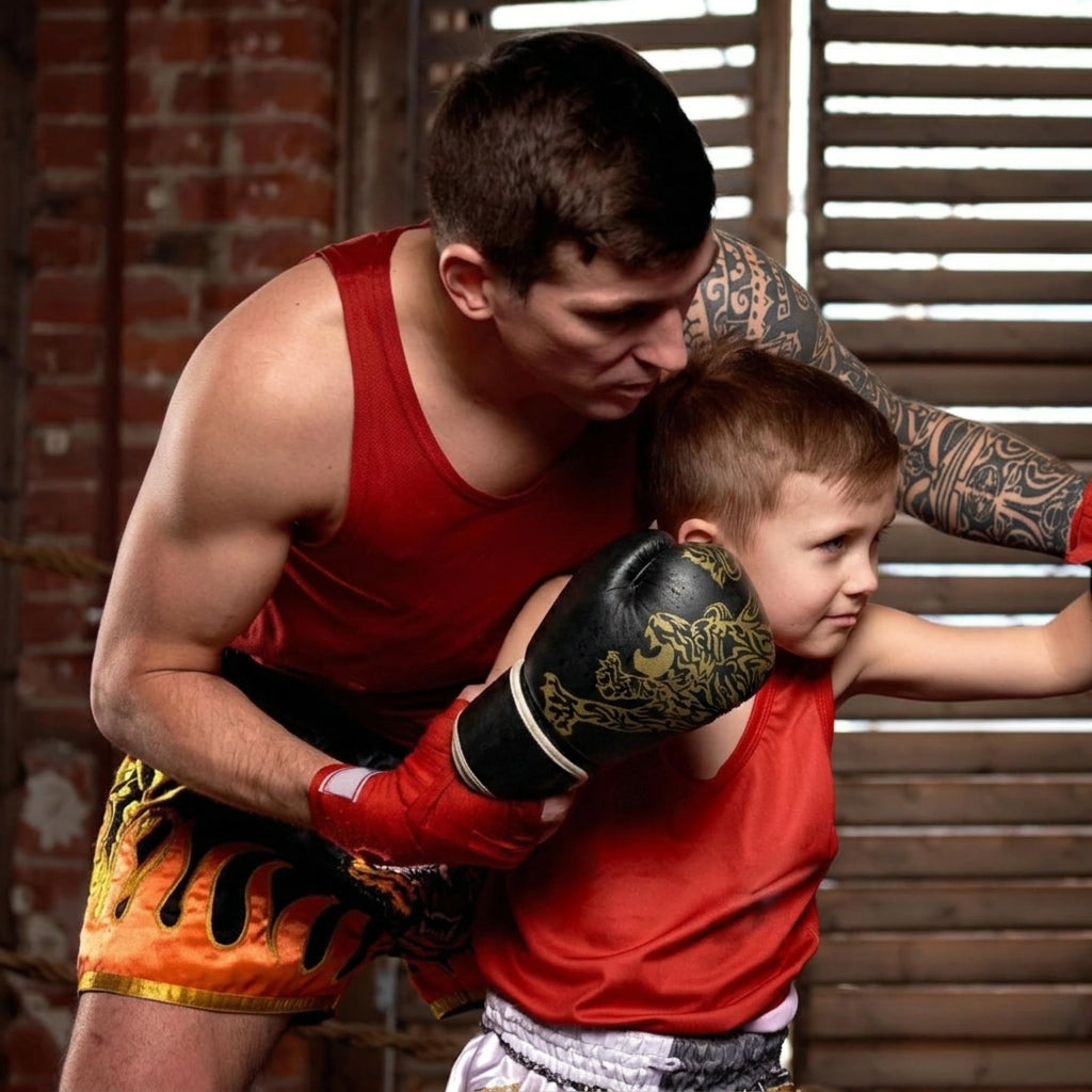 A man and a young boy wearing matching red tank tops and boxing gear, including red gloves with black and gold patterns and orange flame-patterned shorts, in a boxing gym setting.