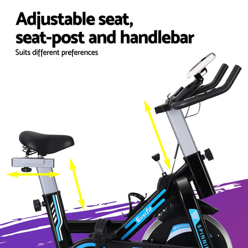 Adjustable seat and handlebars on Everfit Flywheel Spin Bike for personalized comfort and performance.