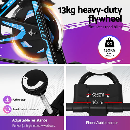 Flywheel Spin Bike with 13kg heavy-duty flywheel and adjustable resistance for intense workouts.