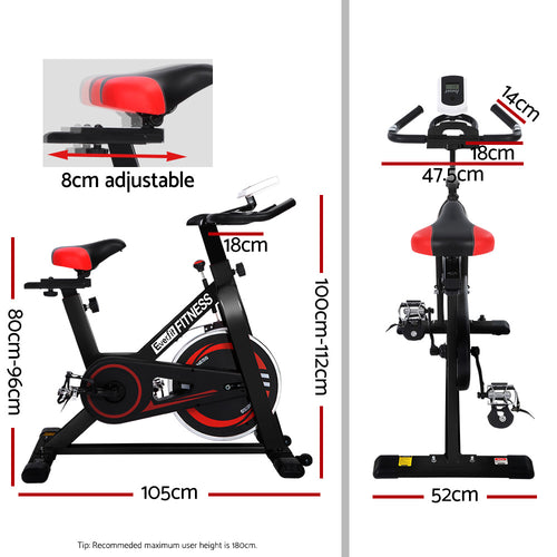Flywheel Spin Bike specifications showing adjustable seat height and bike dimensions for home gym use.