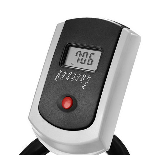 Digital display of the Flywheel Spin Bike showing time, speed, distance, calories burned, and pulse.