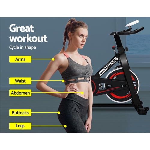 Flywheel Spin Bike workout features for arms, waist, abdomen, buttocks, and legs.