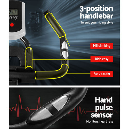 Flywheel Spin Bike 3-position handlebar with hand pulse sensor for tracking heart rate and various riding styles.