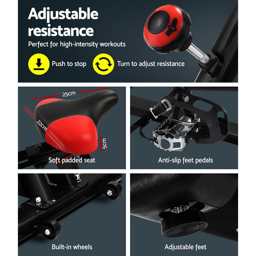 Adjustable resistance features of Flywheel Spin Bike for high-intensity workouts, including padded seat and anti-slip pedals.