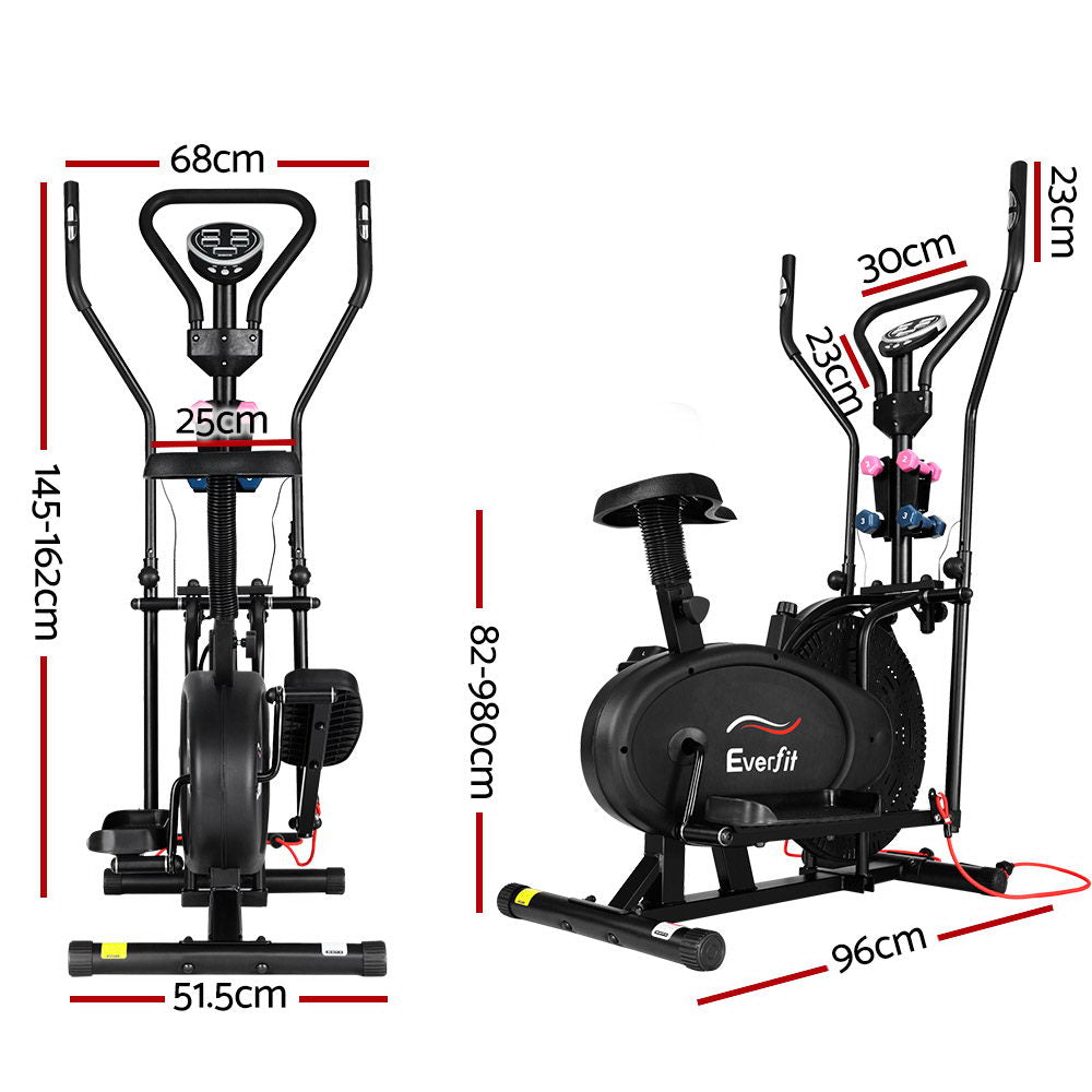 Elliptical Cross Trainer Everfit 6-in-1 Home Gym Bike dimensions diagram showing height, width, and adjustable parts.