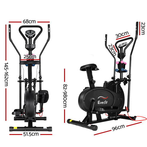 Elliptical Cross Trainer Everfit 6-in-1 Home Gym Bike dimensions diagram showing height, width, and adjustable parts.