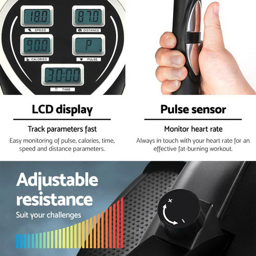 Close-up of Everfit elliptical cross trainer's LCD display, pulse sensor, and adjustable resistance features.