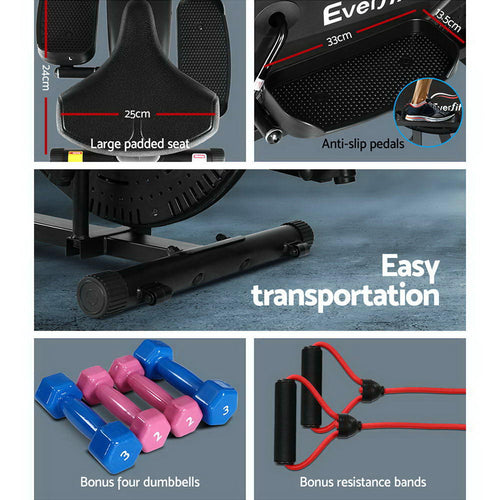 Elliptical Cross Trainer features large padded seat, anti-slip pedals, and includes bonus dumbbells and resistance bands.