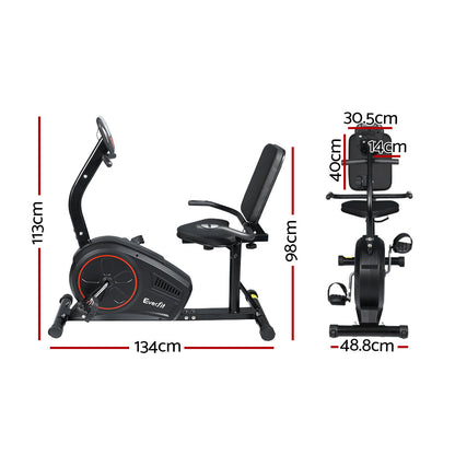 Recumbent Exercise Bike Everfit dimensions and specifications image showcasing design and measurements.