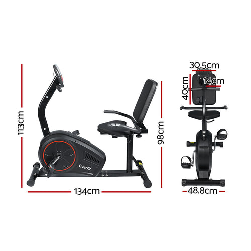 Recumbent Exercise Bike Everfit dimensions and specifications image showcasing design and measurements.
