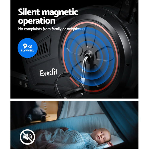 Recumbent Exercise Bike Everfit showing silent magnetic operation with 9 kg flywheel for quiet workouts.
