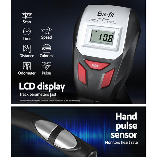 LCD display and hand pulse sensor of the Everfit Recumbent Exercise Bike, tracking workout parameters like speed and calories.
