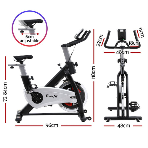 Flywheel Spin Bike Everfit features adjustable seat and handlebars with detailed measurements for optimal workout adjustment.