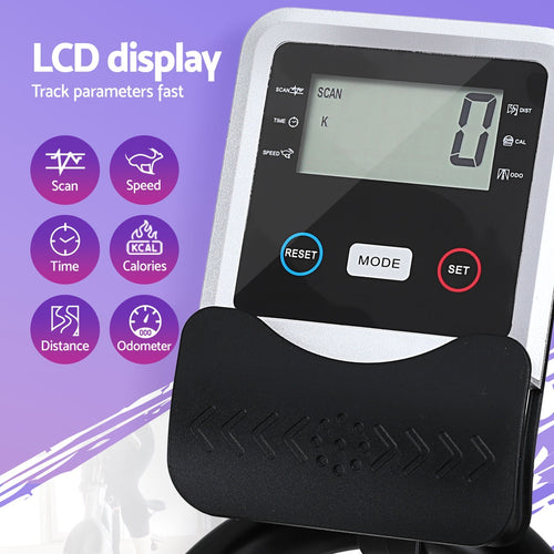 LCD display of Flywheel Spin Bike showing scan, speed, time, calories, distance, and odometer for effective tracking.