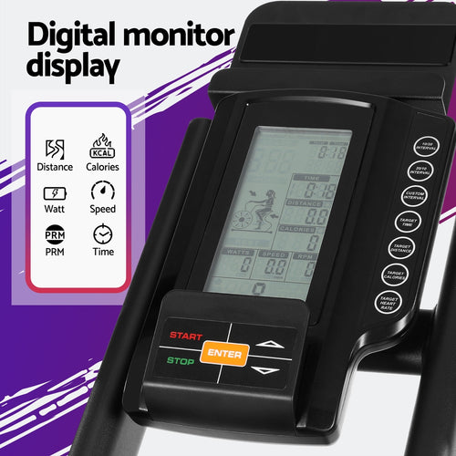 Digital monitor display of the Air Bike, showing distance, calories, watt, speed, and time metrics for effective workouts.