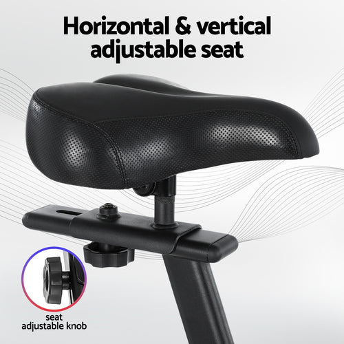 Close-up of adjustable seat on Air Bike Everfit, featuring horizontal and vertical adjustment options.