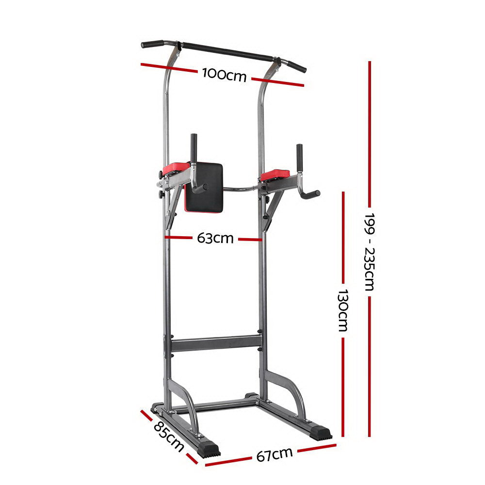 Everfit Weight Bench Chin Up Tower Bench Press Home Gym Workout 200kg Capacity, detailed dimensions displayed.