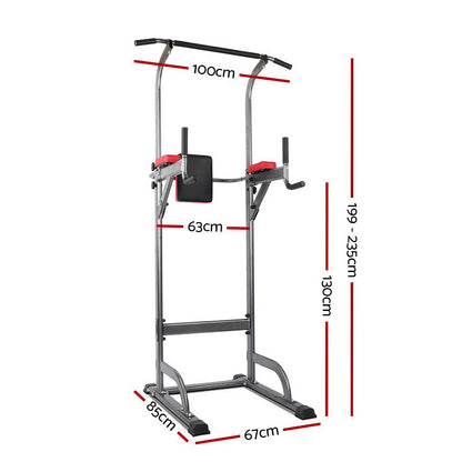 Everfit Weight Bench Chin Up Tower Bench Press Home Gym Workout 200kg Capacity, detailed dimensions displayed.