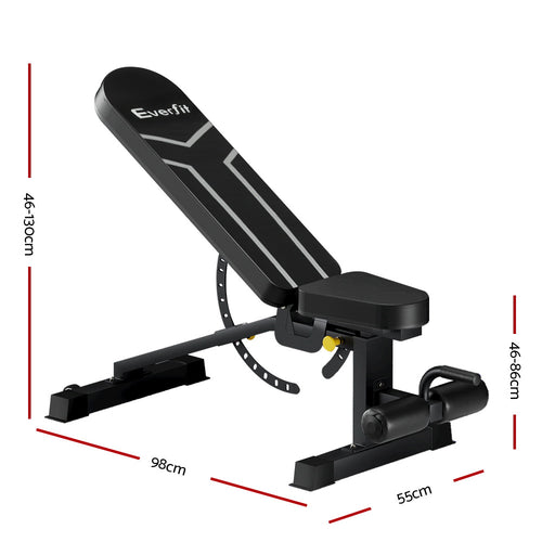 Adjustable FID Bench Everfit with dimensions for versatile strength training and 450kg weight capacity.