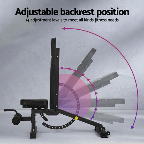 Adjustable FID Bench with adjustable backrest position and 14 levels for versatile fitness training.