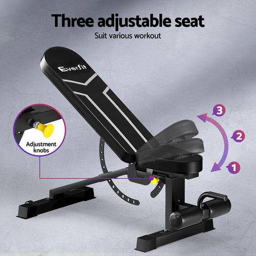 Adjustable FID Bench with three adjustable seats for versatile workouts by Everfit.