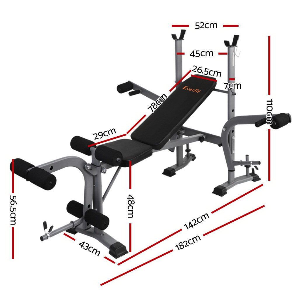Adjustable Weight Bench 8 in 1 with 200kg capacity, ideal for home gym workouts, featuring dimensions for versatile exercises.