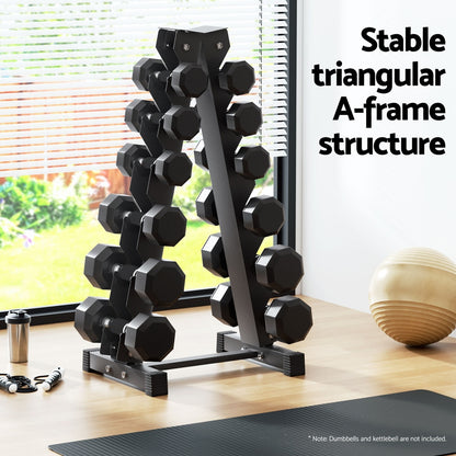 Everfit 6 Tier Dumbbell Rack with stable A-frame design in home gym setup.