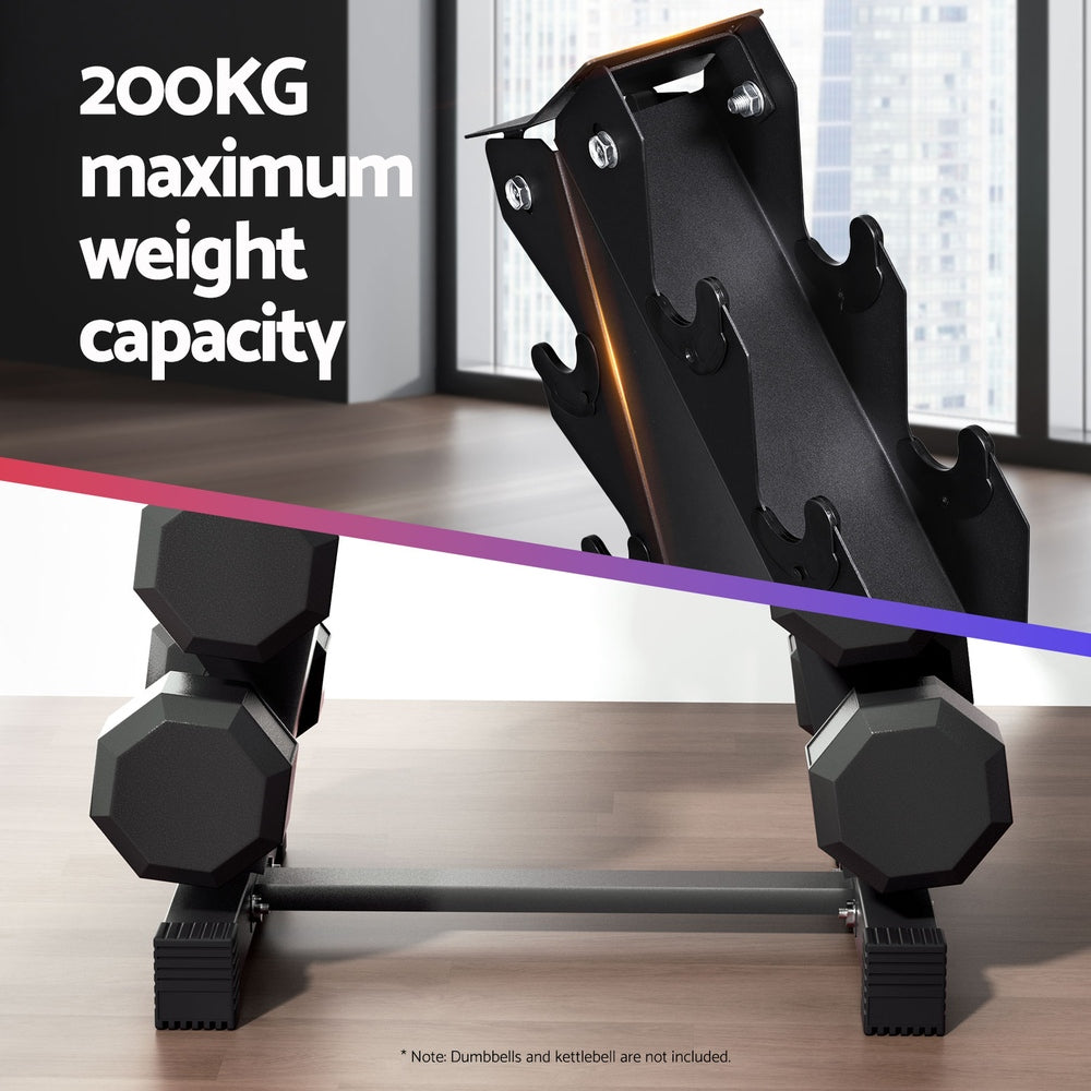 Everfit 6 Tier Dumbbell Rack with 200kg capacity in modern gym setting, showcasing A-frame design for stable dumbbell storage.