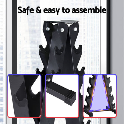 Close-up view of Everfit 6 Tier Dumbbell Rack showcasing its A-frame design, assembly details, and stability for safe home gym use.