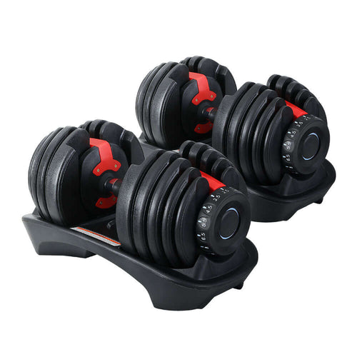 Adjustable Dumbbells 24kg set with weight plates and holders for versatile home workouts.