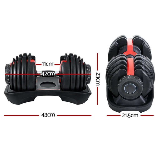 Adjustable Dumbbells 24kg set showcasing dimensions and design features for home workouts.