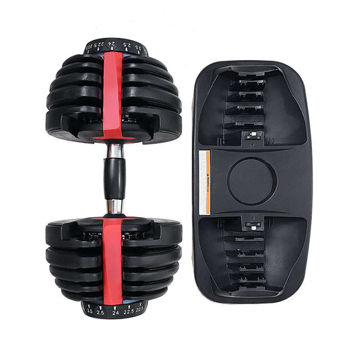 Adjustable Dumbbells 24kg set with weight plates and holders for customizable home workouts.