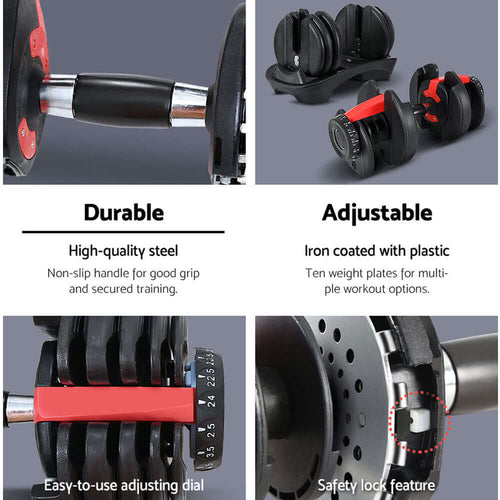 Adjustable Dumbbells set featuring durable steel, adjustable weight plates, and easy-to-use dial for versatile workouts.