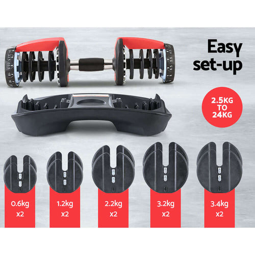 Adjustable Dumbbells 24kg set with weight plates and holders for easy setup and flexible workouts.