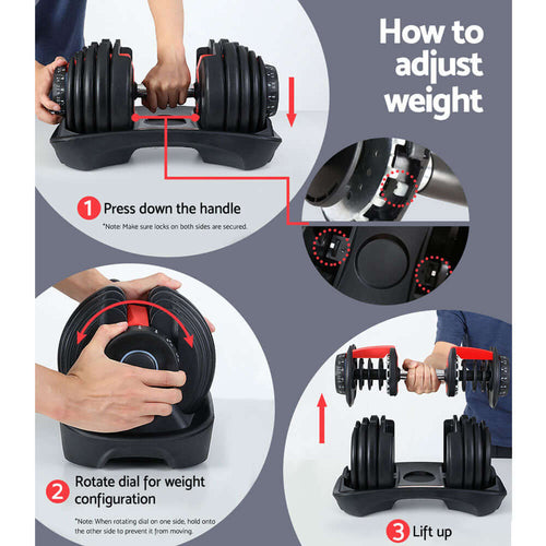 Instructions for adjusting Adjustable Dumbbells weight settings and configuration.