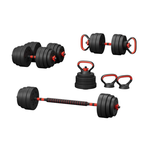 Adjustable Dumbbell Set including various weights and handles for versatile home workouts, 7-in-1 compact design by Everfit.
