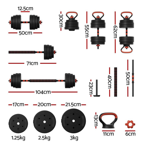 Adjustable Dumbbell Set 40kg 7-in-1 Home Gym Everfit image with dimensions and weights for versatile strength training.