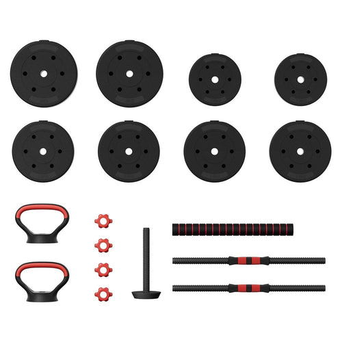 Adjustable Dumbbell Set 40kg components including weights, handles, and screws for home gym workouts.