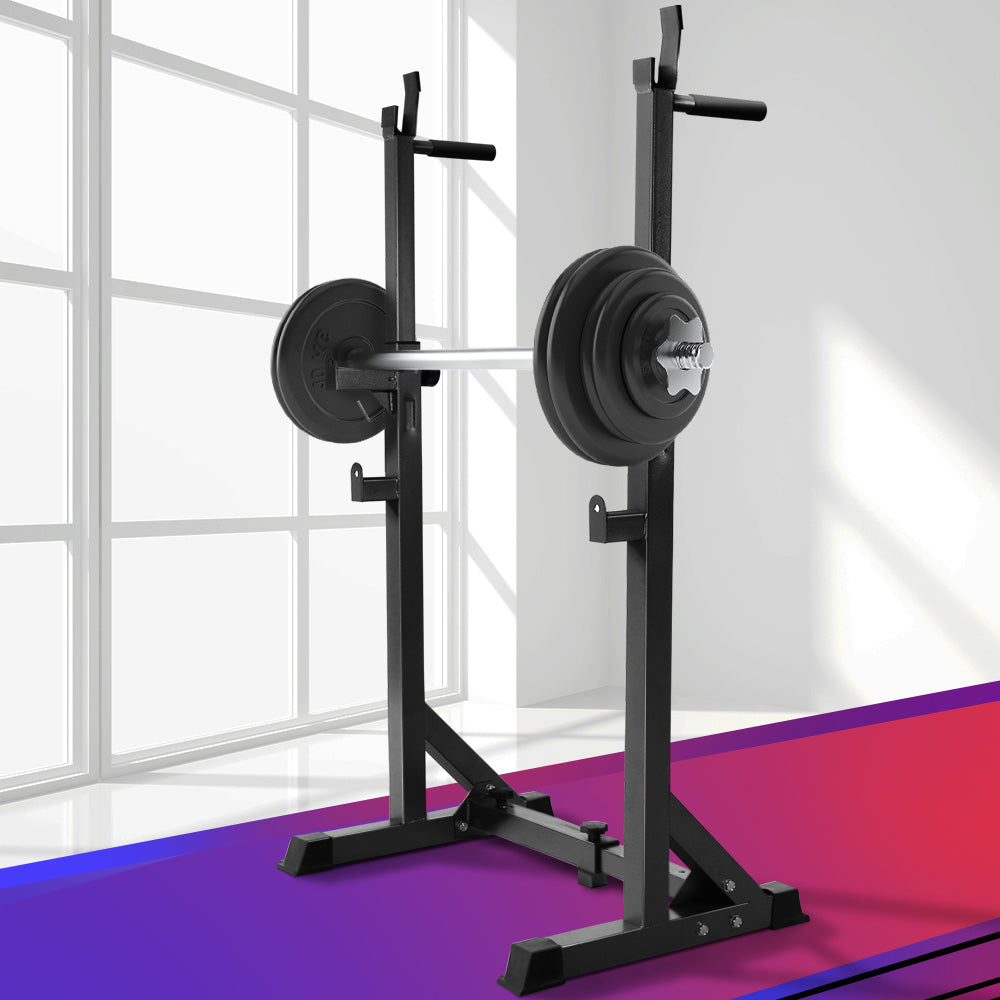 Everfit Weight Bench Adjustable Squat Rack with weights in a home gym environment, steel frame and 300kg capacity.