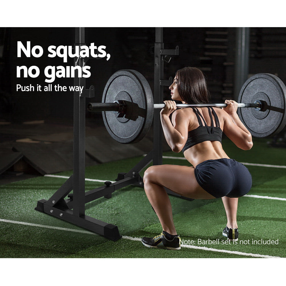 Woman using Everfit Weight Bench Adjustable Squat Rack for squat exercise, highlighting strength and stability.