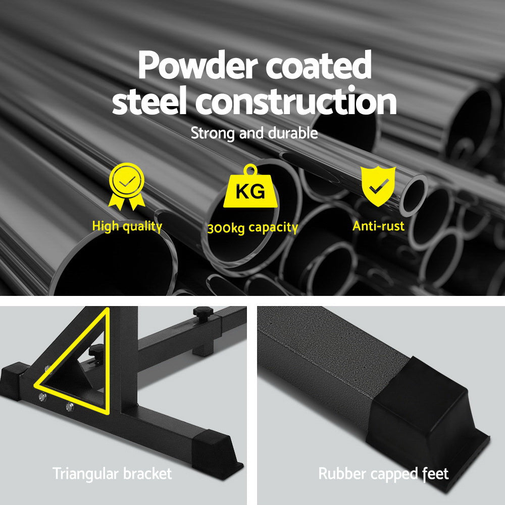 Powder-coated steel of Everfit Weight Bench Adjustable Squat Rack, highlighting durability and 300kg capacity features with triangular brackets.