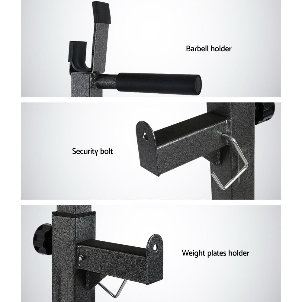 Close-up features of Everfit Weight Bench Adjustable Squat Rack: barbell holder, security bolt, weight plates holder.