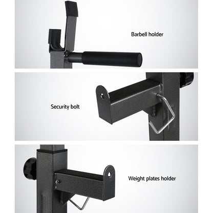 Close-up features of Everfit Weight Bench Adjustable Squat Rack: barbell holder, security bolt, weight plates holder.