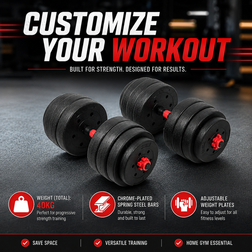 Three adjustable dumbbells with black weight plates and red adjustment knobs on chrome steel bars, set against a dark gym background with promotional text reading 'CUSTOMIZE YOUR WORKOUT' and feature callouts.