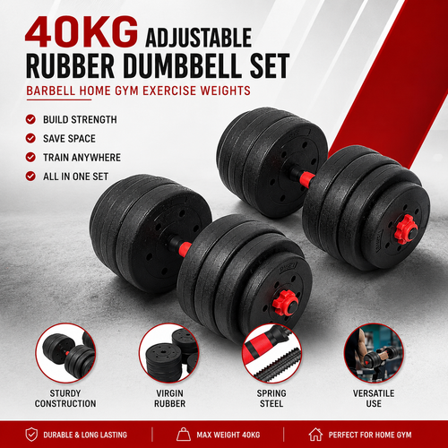 A 40kg adjustable rubber dumbbell set shown on a gray studio-style background with promotional text and feature callouts. The set includes three black weight plates on each barbell with red adjustment knobs, and the image highlights features such as sturdy construction, virgin rubber, spring steel, and versatile use.