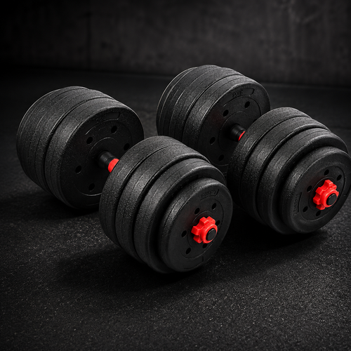 Three black adjustable dumbbells with red hex nuts and metallic silver end caps, arranged on a dark textured gym floor.